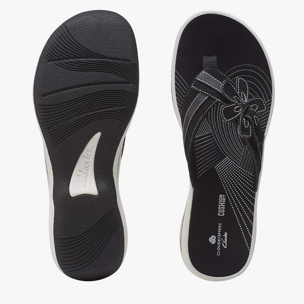 Clarks Flip Flops Cloudsteppers Black White Floral Sandals Size 6 Brinkley New - Picture 5 of 6